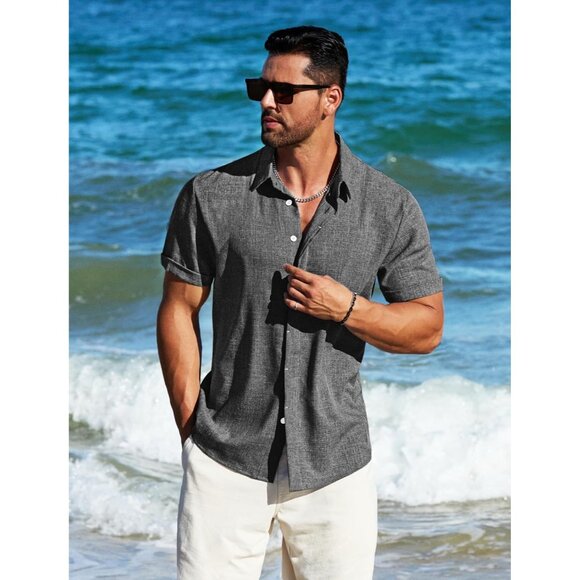 Men's A-dark Grey Linen Short Sleeve Button Down Casual Shirt Business Dress - Picture 4 of 6